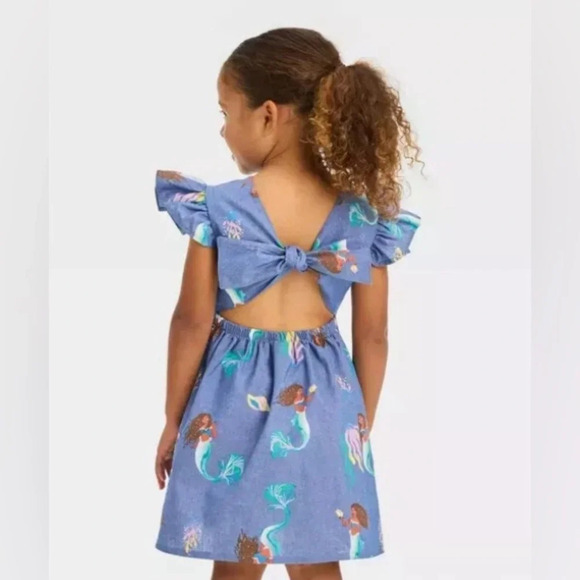 NWT Disney’s The Little Mermaid Light Blue Girl’s Dress With Elastic Waist Bow - Picture 2 of 4